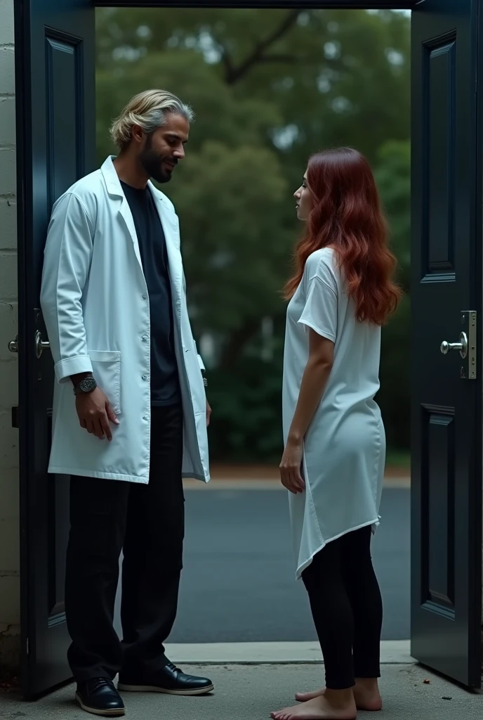 216 cm tall, 33-year-old man with short platinum blond wavy swept-back hair, dark skin, Arabic-Egyptian features, wearing a white lab coat over a black t-shirt and black cargo pants, looking down with a gentle expression and holding open a a door of a double doorway of a compound for a very much shorter 24-year-old woman, with vibrant maroon side-parted medium-length wavy hair, very pale skin, wearing a white flowy top and low-rise black pants, standing outside in a parking lot forest the facility near the doorway. Hip-shot, dark lighting, nighttime, photorealistic, cinematic.