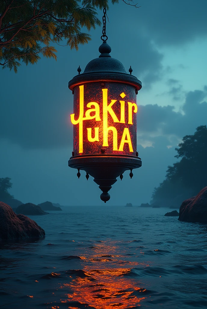 "Jakir+Tuha" written in large letters on a lamp over the sea. & colouring paint