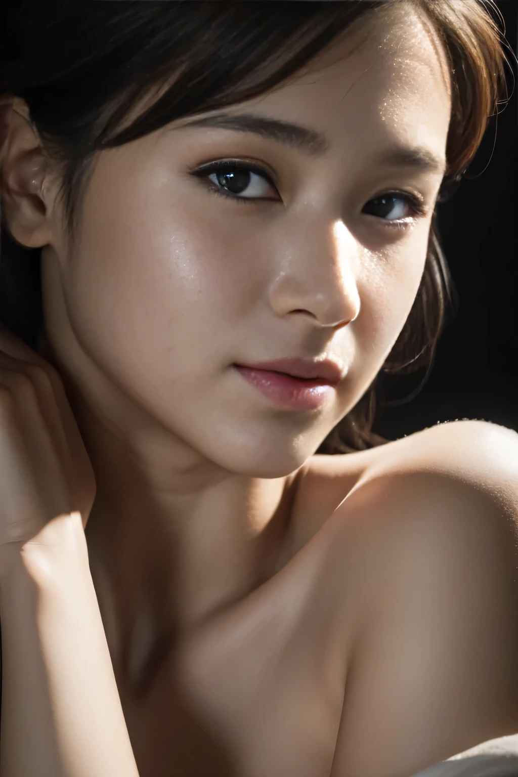 Best quality, masterpiece, ultra high res, (photorealistic:1.4), raw photo, 1girl, offshoulder, in the dark, deep shadow, low key, cold light, detailed skin