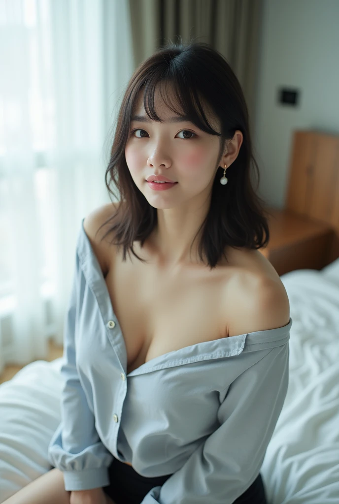 20-year-old Japanese Woman Girl. - Style: realistic photo, Realistic. - Body Type: Attractive, ideal body, nice legs, tights, arms, and shoulders. - Breast: (Small Breast:1.2), (Show Cleavage:1.3), (Show Nipple:1.4), Facial Feature: Beautiful, Gorgeous, Teenager, Fresh, Young. - Expression: Shy, Pink Blush on Face, Sexy Eyes, Sexy Look, Sexy Smile, (Sweating:1.4), Innocent Look, Tipsy. - Hairstyle: Blunt Bangs, Medium Hair. Clothing: (Tight Office Shirt:1.6), (Off-Shoulder:1.3),. - Body Pose: (Squad:1.3). - Behaviour: Waiting, Want Something, Secretly. - Accessories: Earrings, No Hair Accessories, Environmental Details:, - Setting: Bed Room., - Lighting: Natural Light., - Decoration: Modern Bed, Chair, Window, White Curtain, City View. Top view. pov, ultra-realistic photo, UHD, anatomically correct.