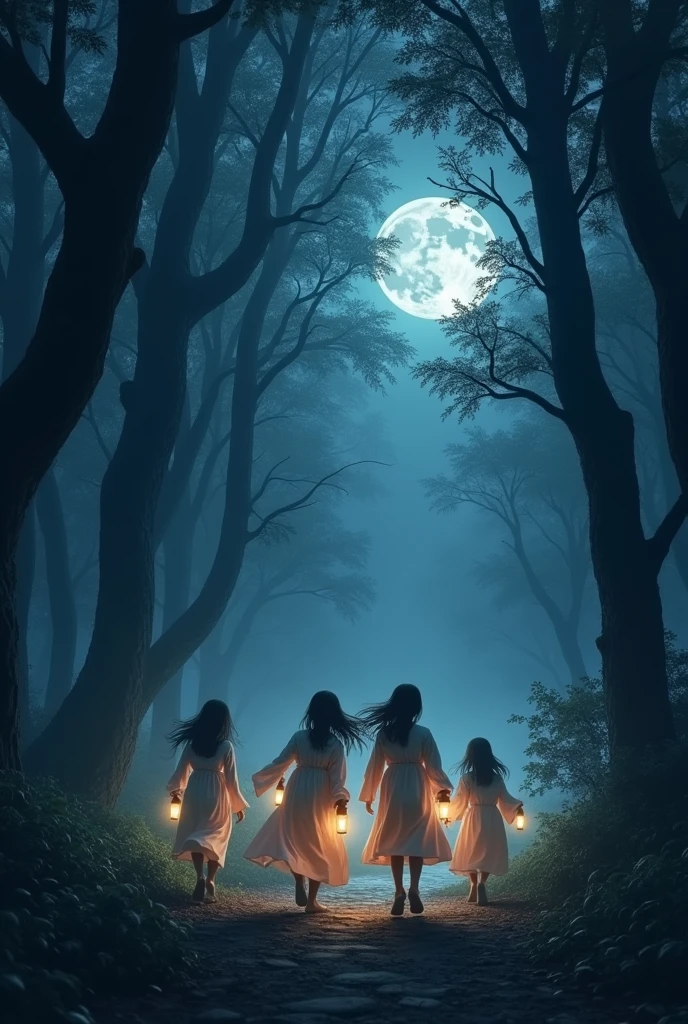 Its night in the forrest and the light of moon hiding in the woods, with tall trees, the photo has a wide range of scope from the scenery, a group of girls wearing traditional night gown running excitedly with their lights chasing each other, the shot looks like really far from them, as if they looks like small object, it looks quiet and magical, make it shot from their left side view, and make it more far from them