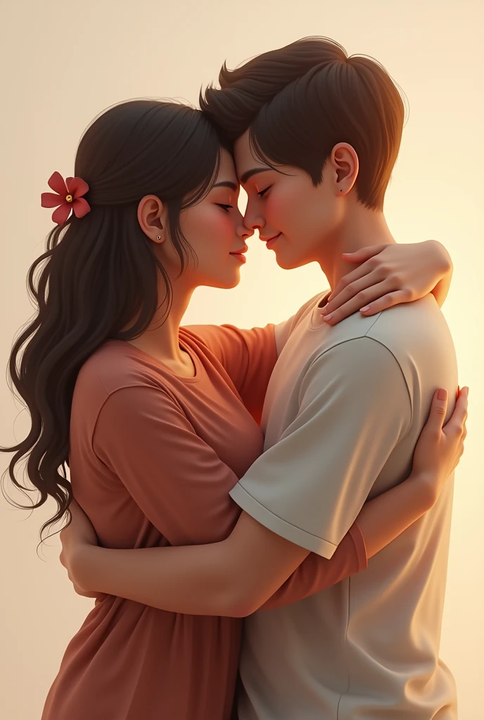 Person in the right hugs the left person and the left person hugs the right person