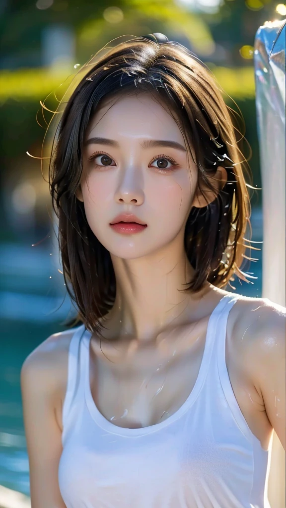 RAW photos:1.2), (realistic), ((jogging along a path)), ((Getting out of the water, his face and body were soaked:1.2)), upper body shot, beautiful detailed girl, very detailed eyes and face, beautiful and delicate eyes, huge file size, high resolution, very detailed, best quality, very detailed, fine details, best quality, 8K wallpapers, indoor lighting, 15-year-old sister, ((hotel room)), bright background, sleepy expression, wet hair, slim body, young face, immature body , indoor lighting, ((The white tank top was soaked through, revealing the underwear underneath.)),