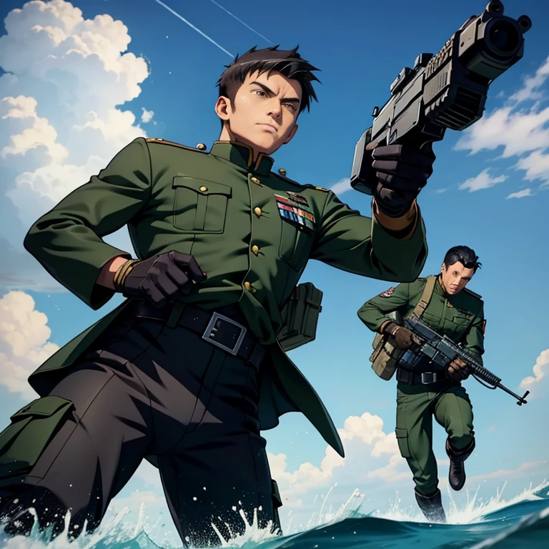 anime、Zeon Army soldiers、30 years old,One Man,、Dark green military uniform、Shocker Belt、Black gloves、Brown boots、With a handgun on his hip、In the sea　Jumping kick with legs spread　logic, ,Black Hair。Pretty short and even shorter short hair、Handsome soldier　Asian Face　The crotch area of my pants is bulging　Seen from below