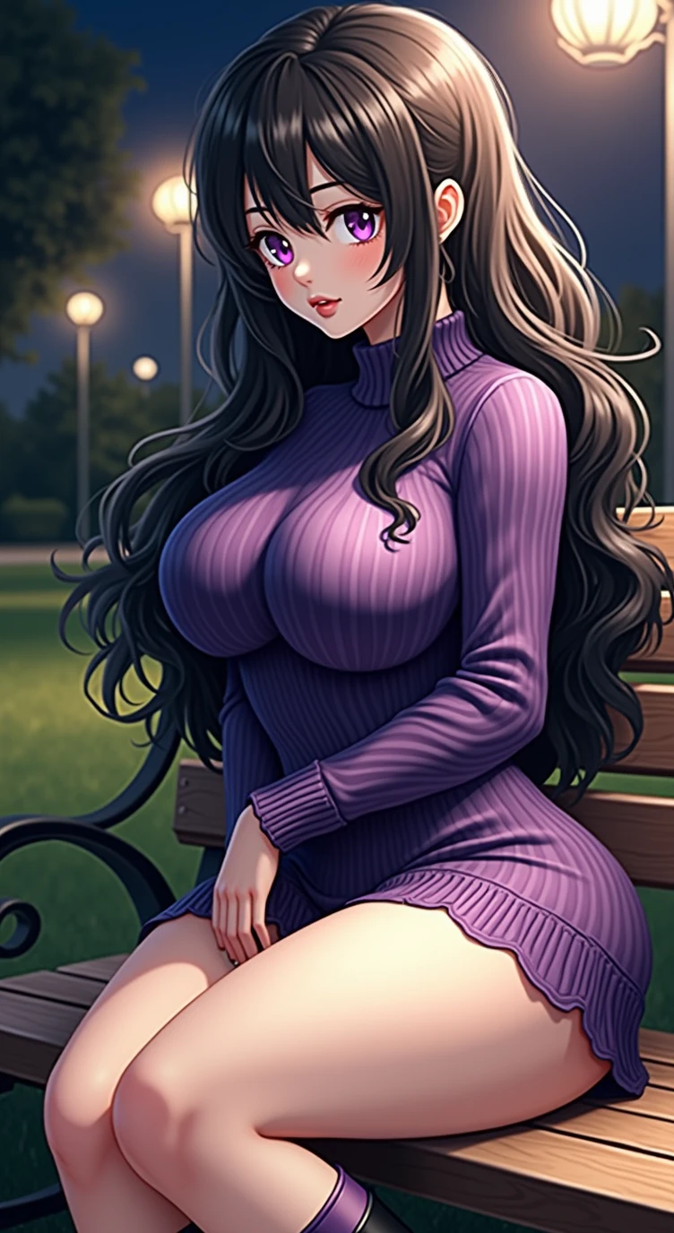 Hex maniac, long black hair, purple eyes, purple sweater dress, black fashionable boots, in park, sitting on park bench, at night 