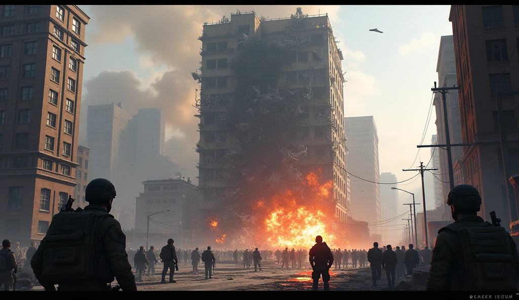 a city building exploded by a bomb, surrounded by many soldiers and civilians