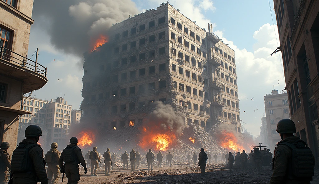 a city building exploded by a bomb, surrounded by many soldiers and civilians