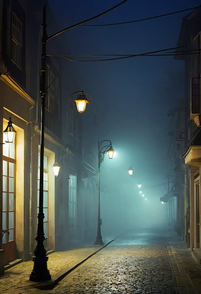 Painting、神秘的なfog, Street lamp, night, (fog), Quiet street, Dimmed light, Shadow, Retro, mysterious