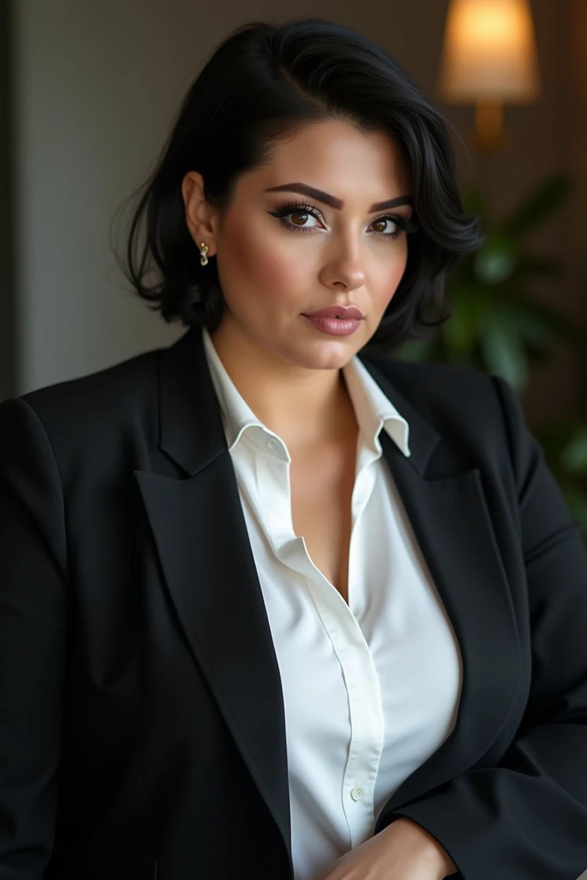 Beautiful mature woman, chubby body, sensual and serious with a mouth of pleasure, eyes browns, very short black hair, office makeup, mascara, long eyelashes, black blazer and white dress shirt, chic, hyperdetailed photograph, smooth light, LinkedIn, business poses , looking ahead at viewer, trunk, facefocus, Facial Focus