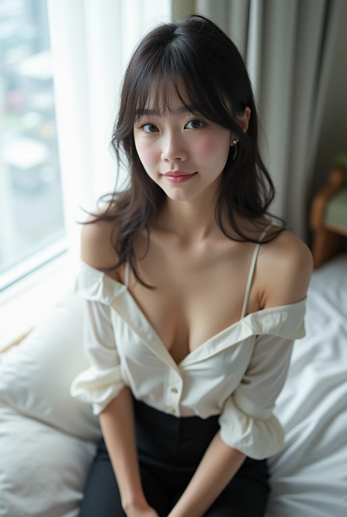 20-year-old Japanese Woman Girl.
- Style: realistic photo, Realistic. - Body Type: Attractive, ideal body, nice legs, tights, arms, and shoulders. - Breast: (Small Breast:1.2), (Show Cleavage:1.3), (Show Nipple:1.4), Facial Feature: Beautiful, Gorgeous, ager, Fresh, Young.
- Expression: Shy, Pink Blush on Face, Sexy Eyes, Sexy Look, Sexy Smile, (Sweating:1.4), Innocent Look, Tipsy. - Hairstyle: Blunt Bangs, Medium Hair. Clothing: (Tight Office Uniform:1.6), (Off-Shoulder:1.3),. - Body Pose: (Squad:1.3). - Behaviour: Waiting, Want Something, Secretly.
- Accessories: Earrings, No Hair Accessories, Environmental Details:, - Setting: Bed Room., - Lighting: Natural Light., - Decoration: Modern Bed, Chair, Window, White Curtain, City View. Top view. pov, ultra-realistic photo, UHD, anatomically correct.