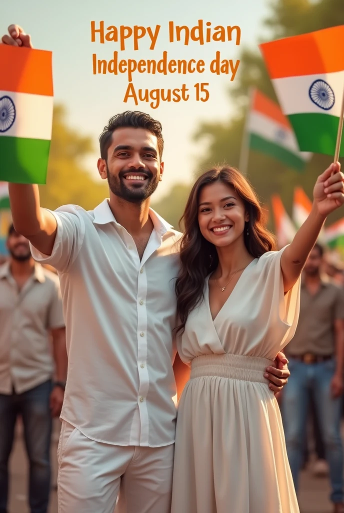 Indian male, Philippines girl,  Both of them should be 25 years oldShe is 25 years oldBoth of them have an  one Indian flag in their hands,They both celebrate Indian Independence Day,A few people were watching them, The dress of both of them should be white color,"happy Indian Independence day August 15" text in background