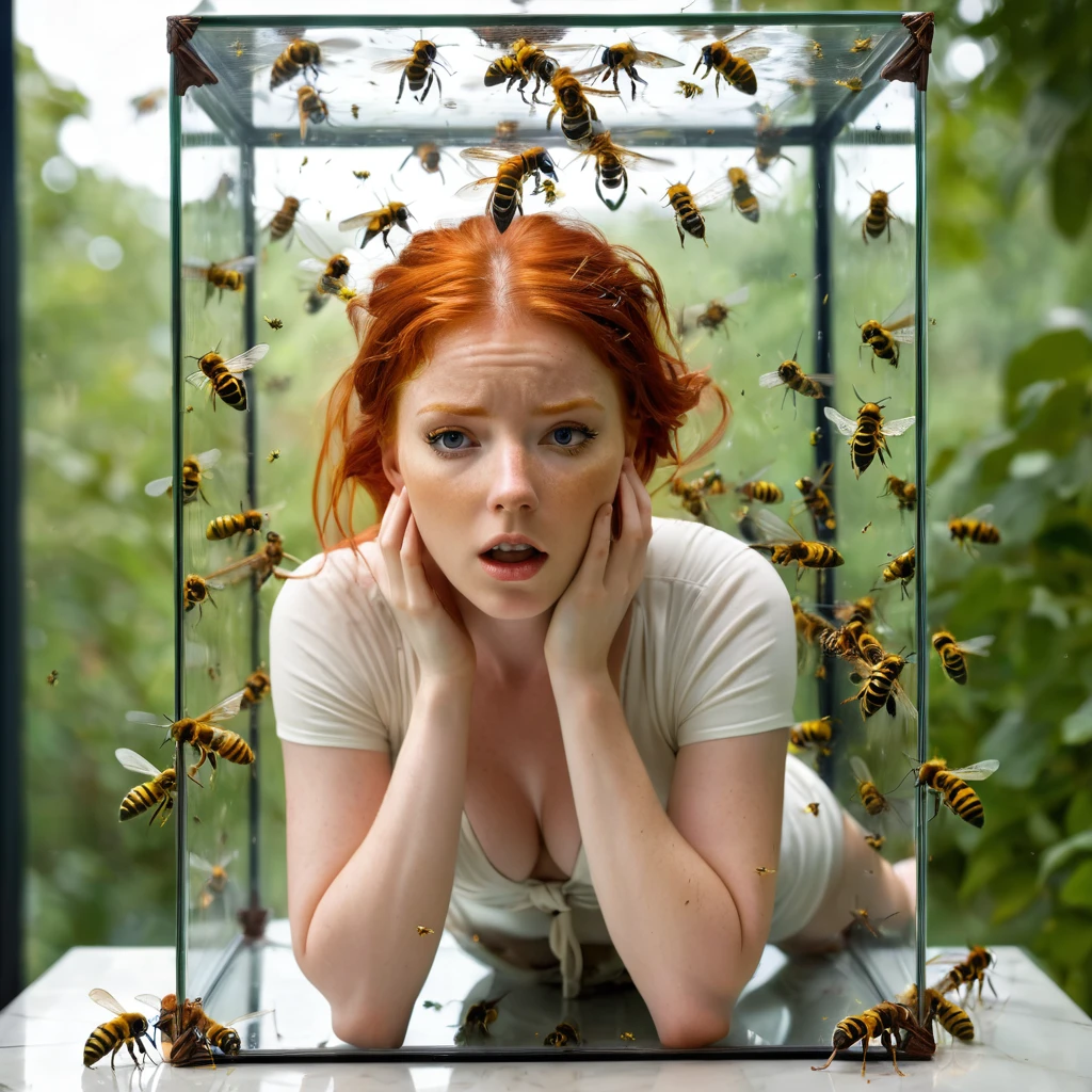 A 20 year old sexy red head woman, her hands tied over her head, her legs tied over her head, in a glass case, wasps flying around in the case with her, wasps landing on her face