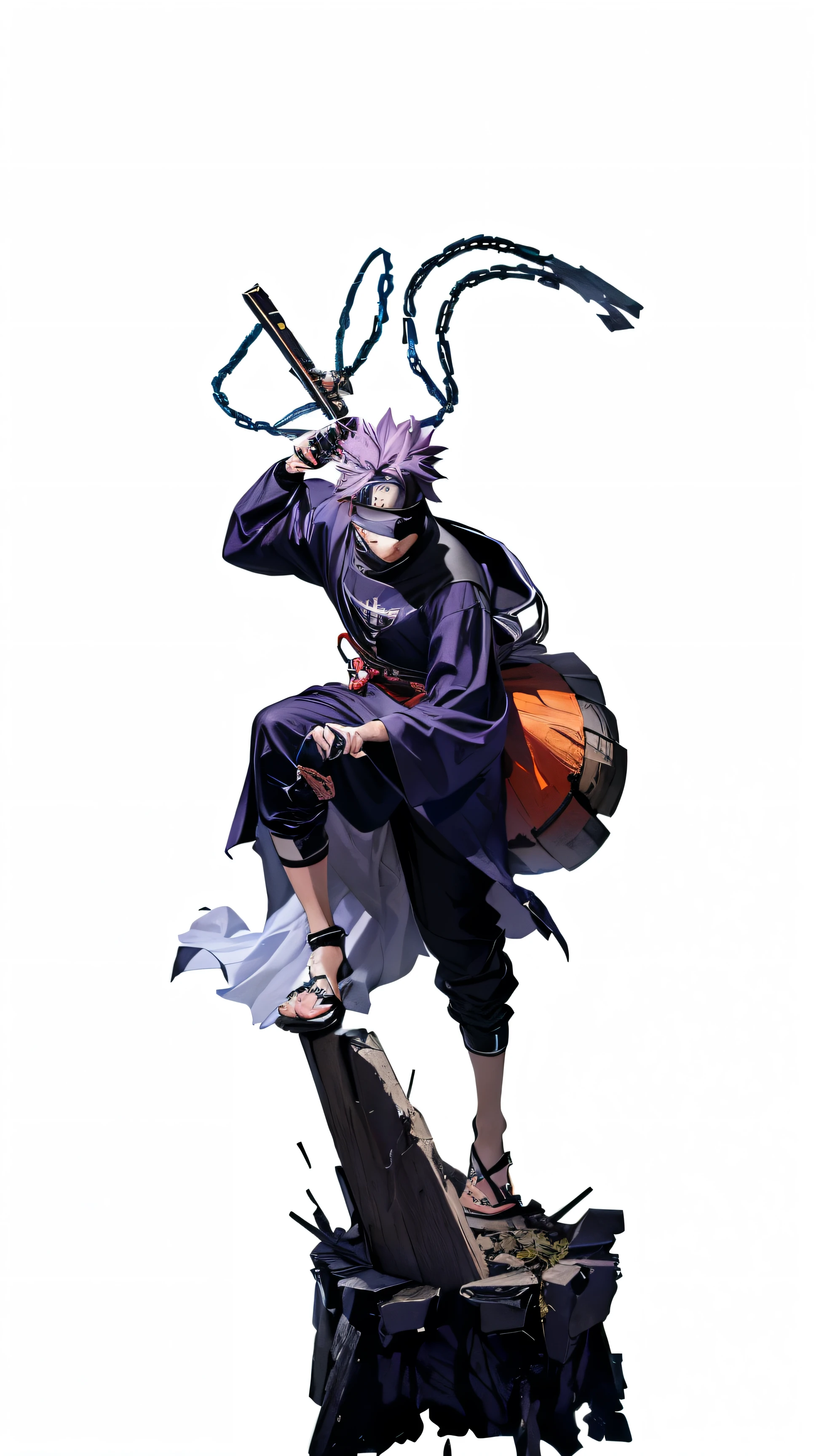 The character Uchiha Obito from Naruto, Wearing a dark purple gown，The eyes are a pair of Sharingan，Wearing a white mask， The chain links the fan in the shape of a gourd，and is wearing his iconic clothes, he's ready to fight. in a fighting pose throwing jällin shadow. Rubble was flying in the air. The background should be white. Super detail. The digital art is in the style of a digital art style