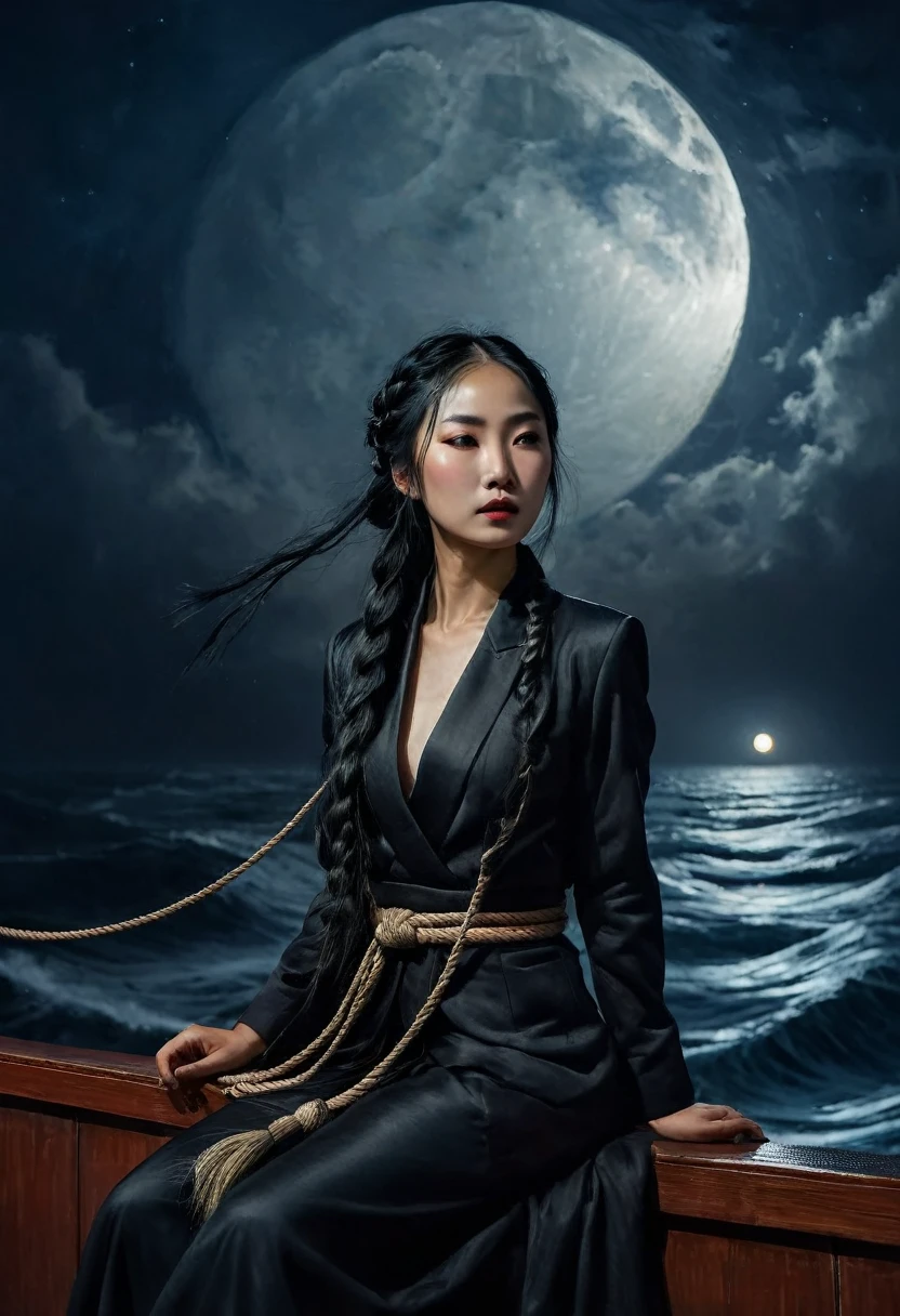 painting of a Asian girl with long black braid, dressed in closed suit, sits on ship's karma, holds on rope, storm, moonlit night, crescent moon, waves, dark atmosphere, cinematic scene, volumetric lights, ultra realistic, in the style of nicola samori