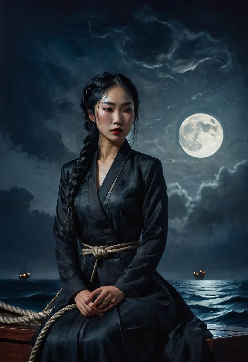 painting of a Asian girl with long black braid, dressed in closed suit, sits on ship's karma, holds on rope, storm, moonlit night, crescent moon, waves, dark atmosphere, cinematic scene, volumetric lights, ultra realistic, in the style of nicola samori