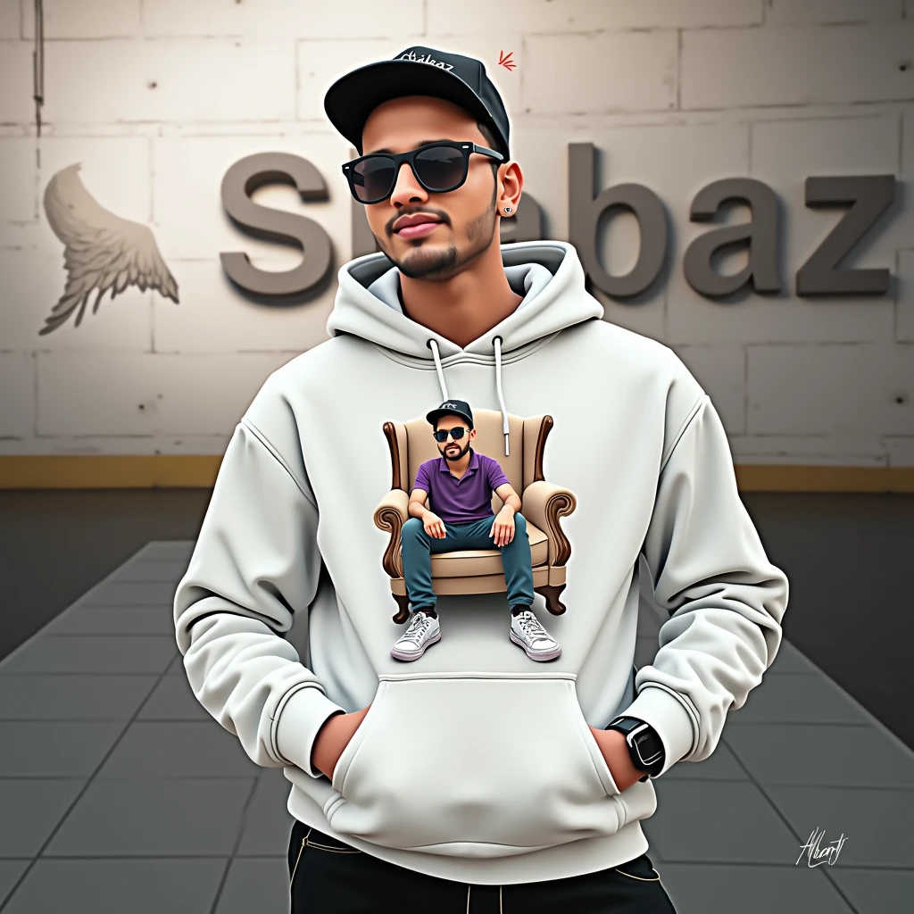 create a 3D illusion for a WhatsApp profile picture where a boy purple
shirt sits casually on a wingback Chair, wearing a sneakers a black cricket cap,and sunglasses,he ahead.The background features "shabaz name "in big and capital white fonts the white wall point they should not be his shadow,and there are wings to make it appear as if he is an angle
