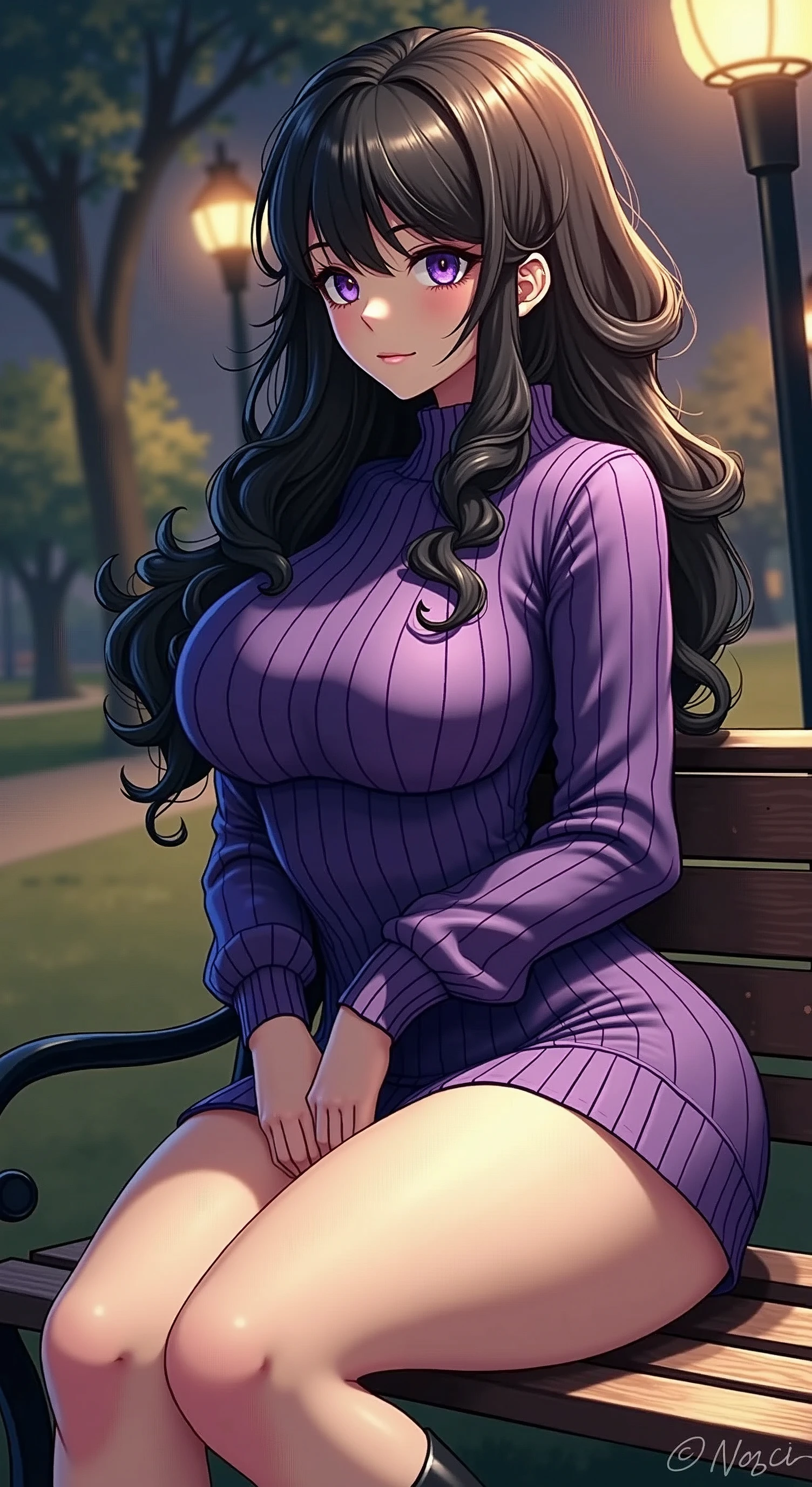 Hex maniac, long black hair, purple eyes, purple sweater dress, black fashionable boots, in park, sitting on park bench, at night 