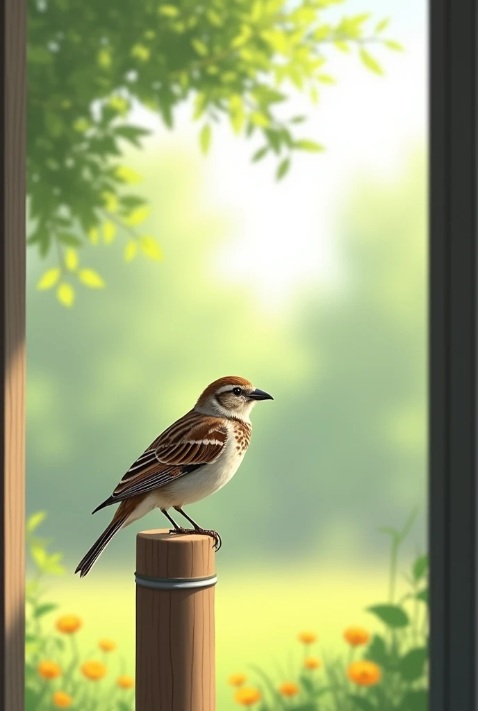Summer afternoon,Sparrow outside the window,Mouth more on a pole