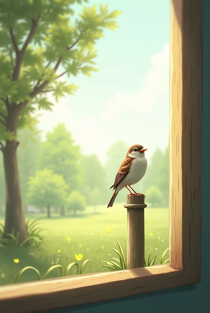 Summer afternoon,Sparrow outside the window,Mouth more on a pole
