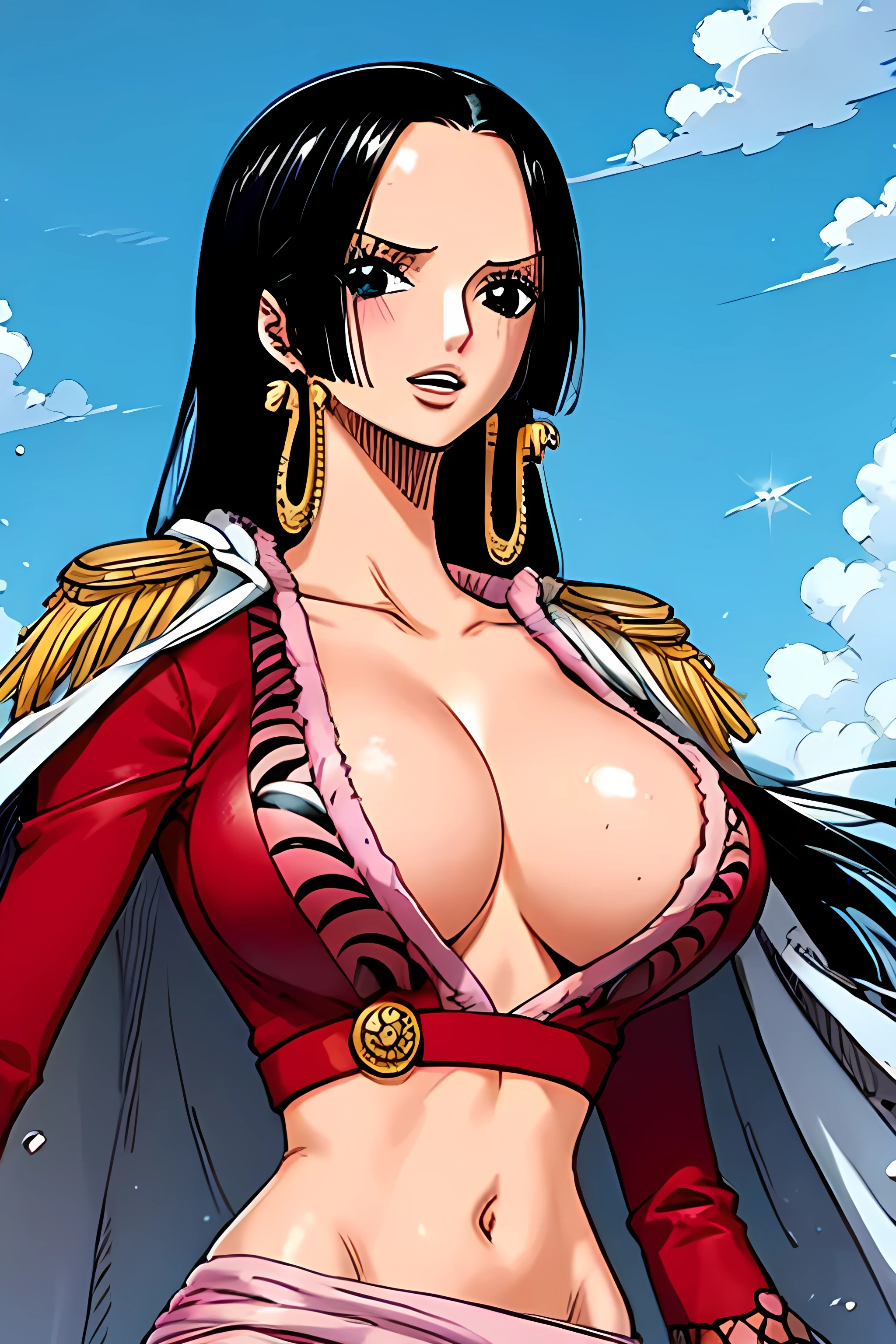 1girl, solo, female, big breasts, shining breasts, cleavage, blush, boa hancock, cape, epaulettes, jewelry, earrings, midriff, cleavage