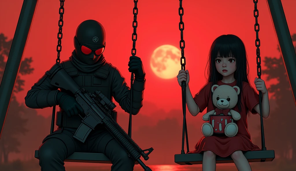 F.E.A.R. operative wearing black tactical balaclava and red googles points with assault rifle is sitting on the swings with with tall black hair and wearing red dress holding plushie bear and children music box. The sky is red.