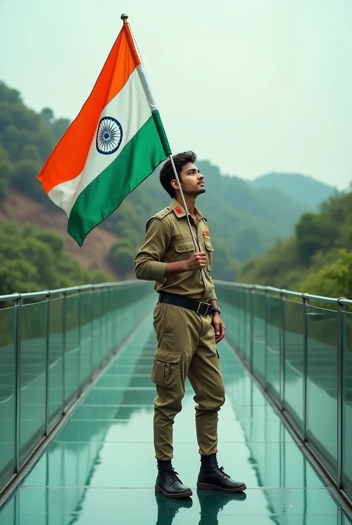 Independence day celebration ' 19 years old boy image glass bridge in Rajgir .Indian army outfit with Indian flag