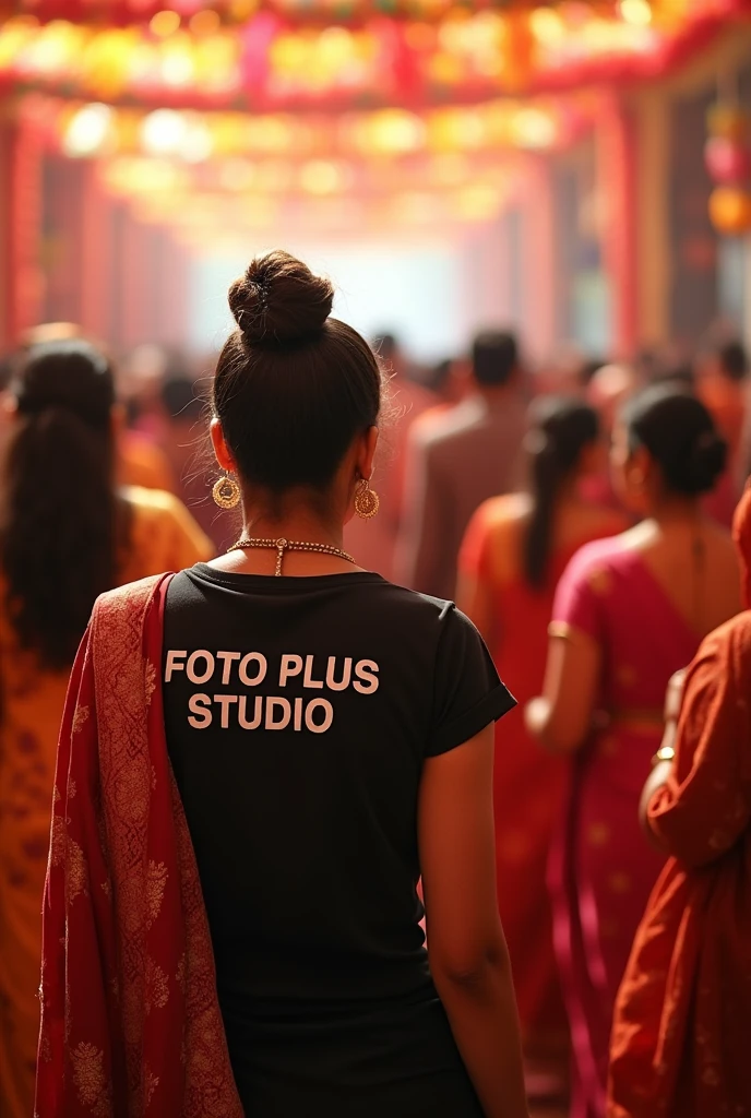"A lively Indian wedding event where a female photographer is actively capturing moments. She is dressed in a smart, professional outfit with a T-shirt that has 'FOTO PLUS STUDIO' printed on the back. The scene is filled with vibrant colors, traditional decorations, and joyful guests, while the photographer moves gracefully through the crowd, focusing on capturing the emotions and highlights of the celebration. Her professionalism and dedication are evident as she works to preserve the memories of this special day."