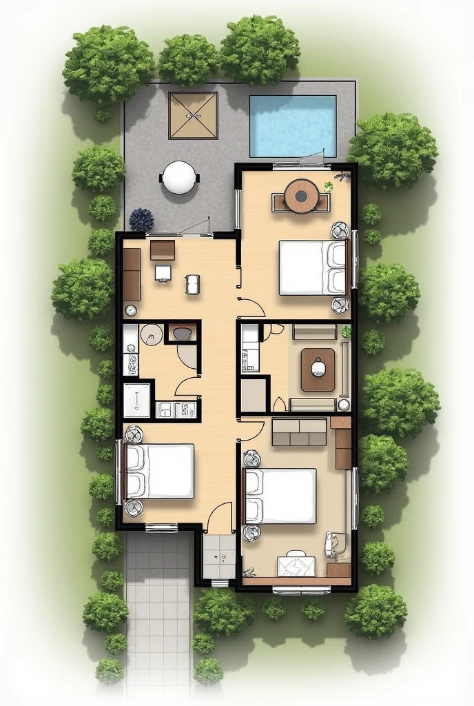 A 2 story house with 4 bedrooms, 2 suites, 1 wc, big kicthen, for a 15/30 cubic meter space