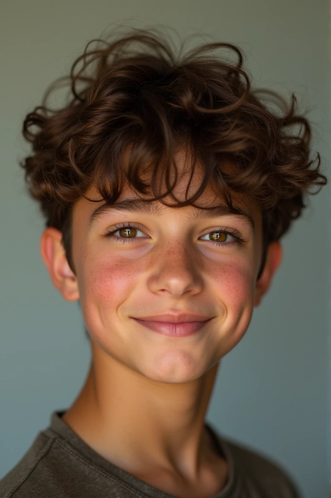 15 year old boy, brown and wavy hair, mixed skin, He has a mole near his eye.