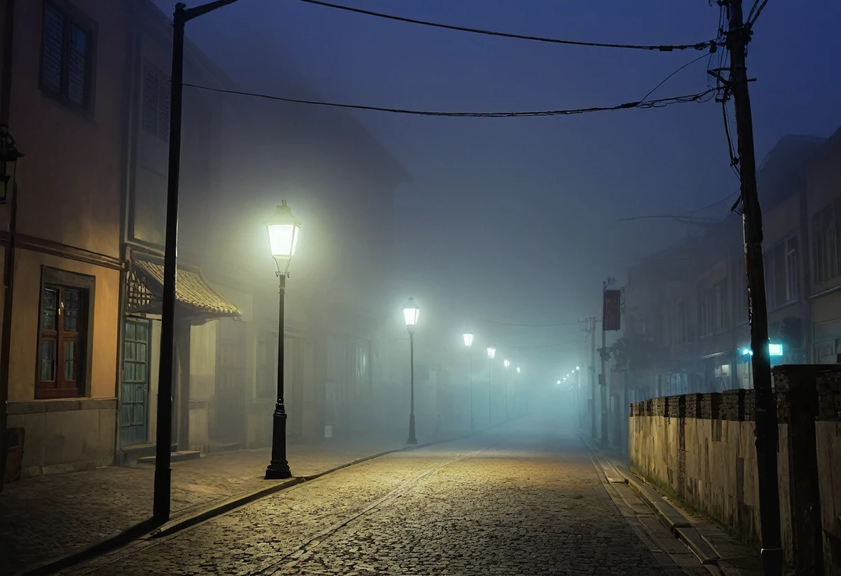 Painting、神秘的なfog, Street lamp, night, (fog), Quiet street, Dimmed light, Shadow, Retro, mysterious