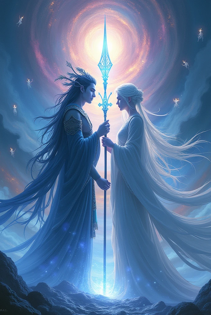 Prompt:
Izanagi and Izanami are majestically depicted in the sacred realm of Takamagahara, bathed in a celestial aura of divine radiance. Ethereal gods drift around them, their forms shimmering in the soft glow of creation. The sky swirls with vibrant blues and purples, echoing the primordial chaos. Izanagi and Izanami, resolute and dignified, hold the heavenly jeweled spear, Ame-no-Nuboko, which sparkles with a mystic iridescence, symbolizing their divine resolve to shape the world.