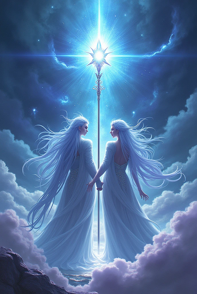 Prompt:
Izanagi and Izanami are majestically depicted in the sacred realm of Takamagahara, bathed in a celestial aura of divine radiance. Ethereal gods drift around them, their forms shimmering in the soft glow of creation. The sky swirls with vibrant blues and purples, echoing the primordial chaos. Izanagi and Izanami, resolute and dignified, hold the heavenly jeweled spear, Ame-no-Nuboko, which sparkles with a mystic iridescence, symbolizing their divine resolve to shape the world.