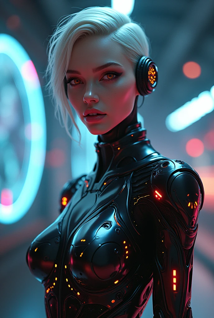 a cyberpunk girl, cyberpunk aesthetic, neon city, holographic interface, futuristic technology, intricate machinery, glowing panels, chrome accents, high-contrast lighting, moody color palette, dramatic shadows, detailed facial features, piercing eyes, strong jawline, sleek hairstyle, android implants, robotic limbs, advanced prosthetics, glossy skin, luminous aura, (best quality,4k,8k,highres,masterpiece:1.2),ultra-detailed,(realistic,photorealistic,photo-realistic:1.37)