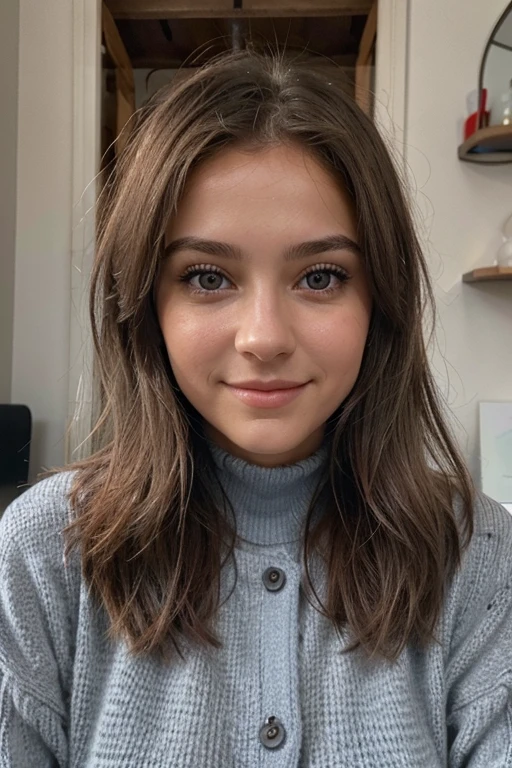 Portrait d'une belle femme brune, en regardant la caméra, avec des yeux gris-bleu réalistes, avec des fossettes sur les joues, souriant légèrement, et avec des épaules visibles.