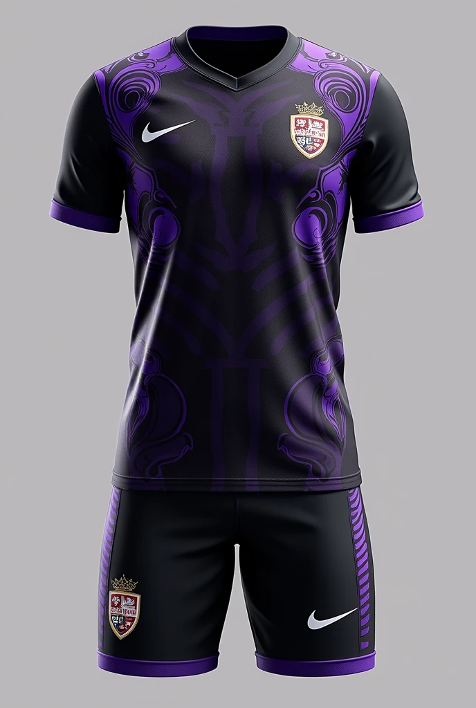 Create a kit of a team named "Sneaky Royal FC" as logo. It must have a base color of black and aesthetic purple designs.