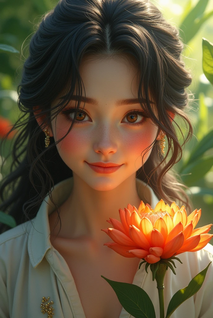 A warrior girl, her face illuminated by a soft smile as she delicately breathes in the fragrance of a vibrant flower. Her flowing hair and radiant expression are set against a lush, colorful natural backdrop. This stunning portrait captures a moment of pure joy and connection to nature in a photograph. The girl's features are beautifully detailed, her eyes twinkling with delight as she takes in the flower's scent. The vibrant colors and realistic depiction make this image truly memorable.