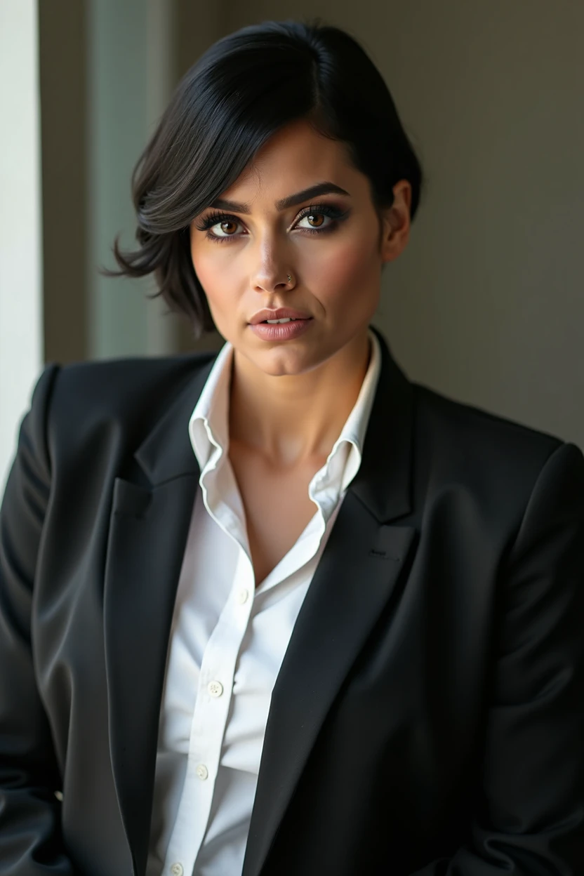 Beautiful mature woman, chubby body, sensual and serious with a mouth of pleasure, eyes browns, very short black hair, office makeup, mascara, long eyelashes, black blazer and white dress shirt, chic, hyperdetailed photograph, smooth light, LinkedIn, business poses , looking ahead at viewer, trunk, facefocus, Facial Focus