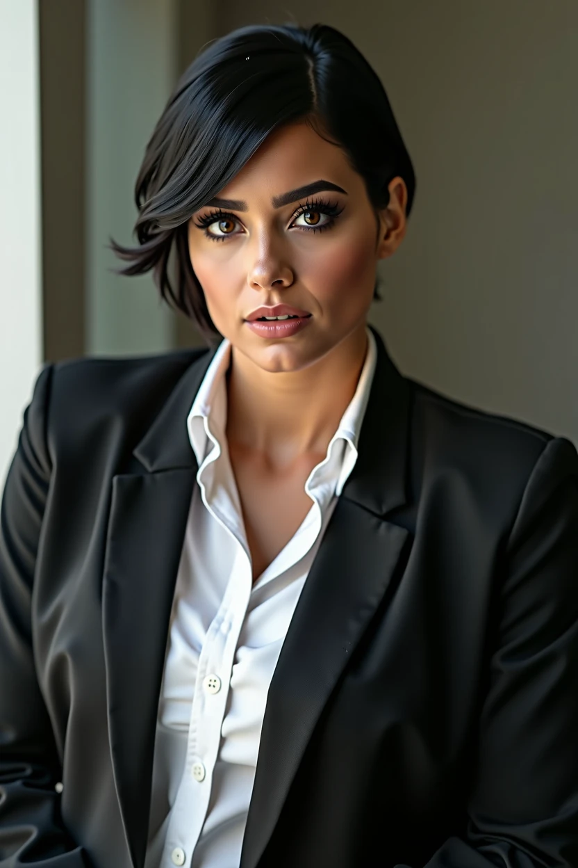 Beautiful mature woman, chubby body, sensual and serious with a mouth of pleasure, eyes browns, very short black hair, office makeup, mascara, long eyelashes, black blazer and white dress shirt, chic, hyperdetailed photograph, smooth light, LinkedIn, business poses , looking ahead at viewer, trunk, facefocus, Facial Focus