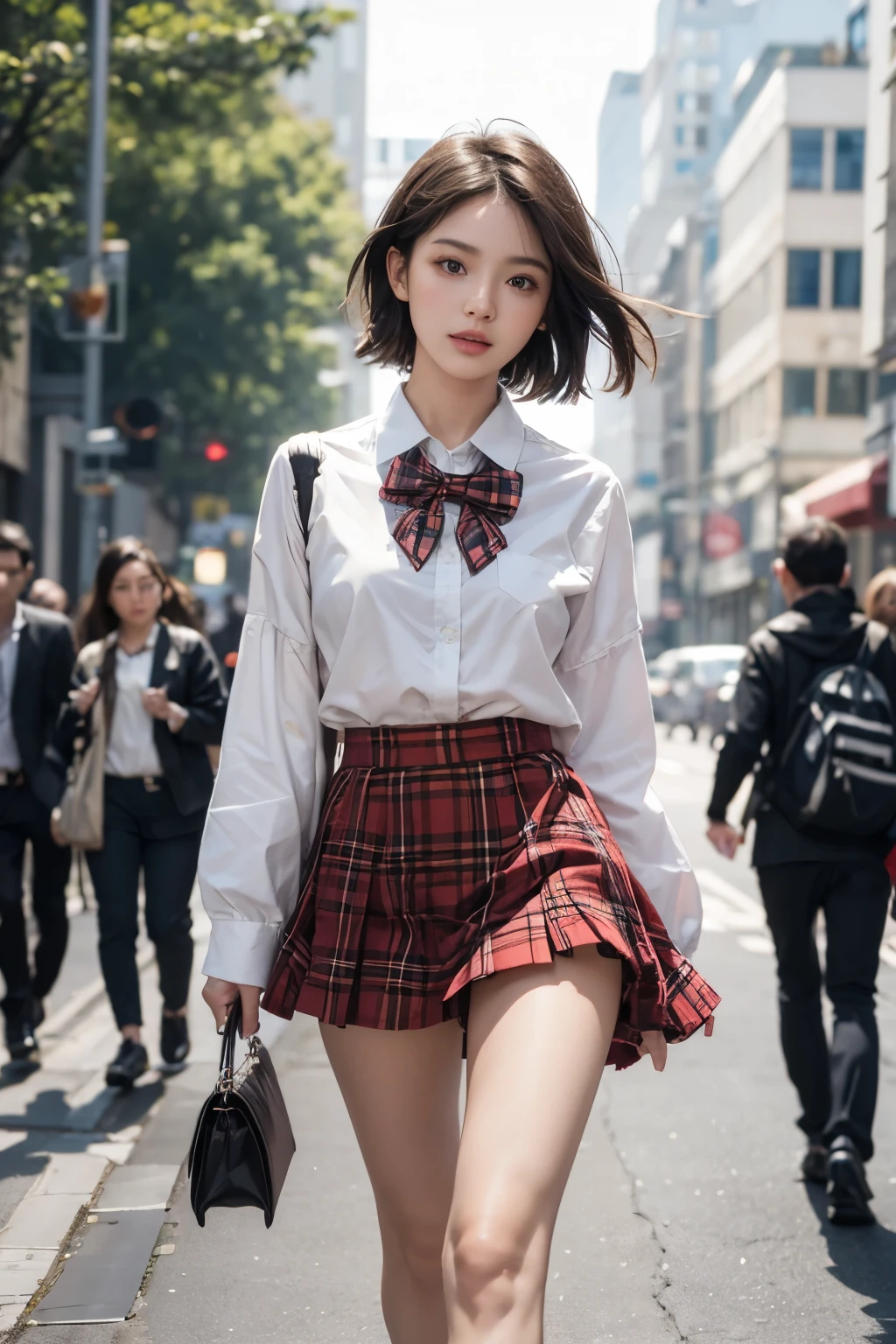 Ultra-high resolution,(reality: 1.4),Highest quality, masterpiece, Attention to detail, 16K quality, beautiful, 1 beautiful girl,super beautiful face,Baby Face,idol face,Cute Face,Highly detailed face,Detailed hands,beautiful skin,Rui々Fresh skin,Professional Lighting,short hair, Black Hair,brown beautiful eyes,(Sailor suit),Red bow tie,(Super mini skirt with tartan check pattern),Are standing,A gust of wind flipped my skirt up and I had to hold it down with my hands,(((Showing panties))),((White panties)),beautiful胸,Walking in the city,Browsing Caution,From below,Blur the background