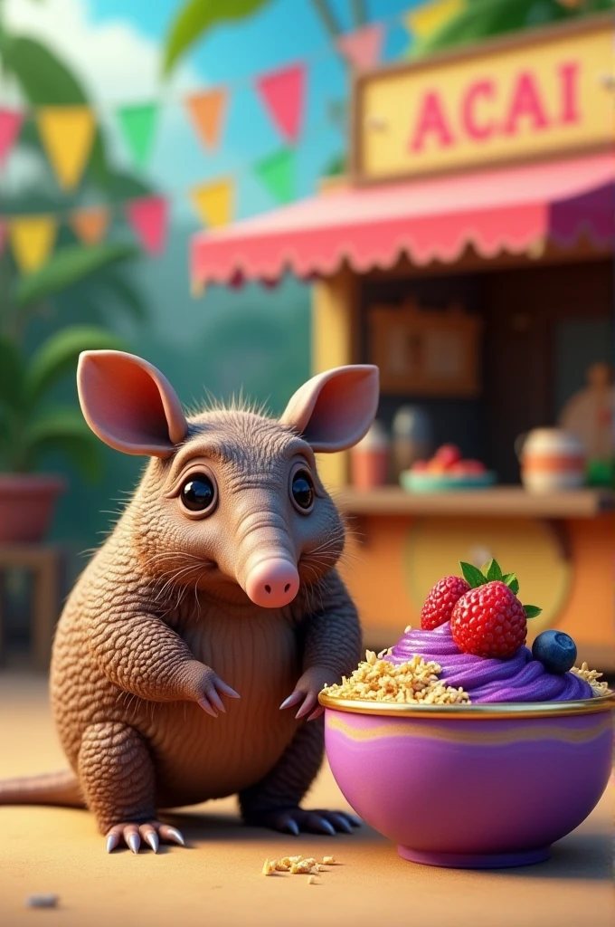 Create an image of an armadillo standing with an acai bowl next to him and an acai cart.
