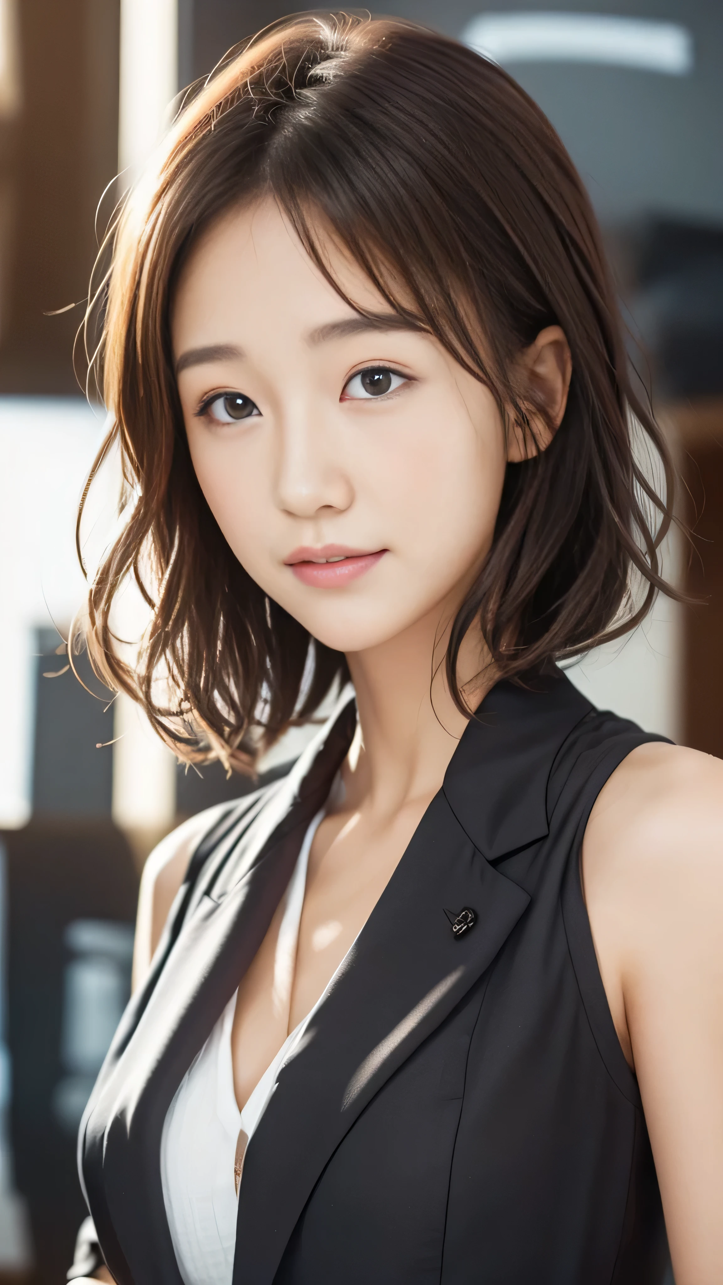 Represents a new office worker with brown hair and a bob cut. It produces a very high quality and realistic CG image. The subject is a woman in her 20s, wearing a black suit. Try to give the impression that she is serious about her work in the office.