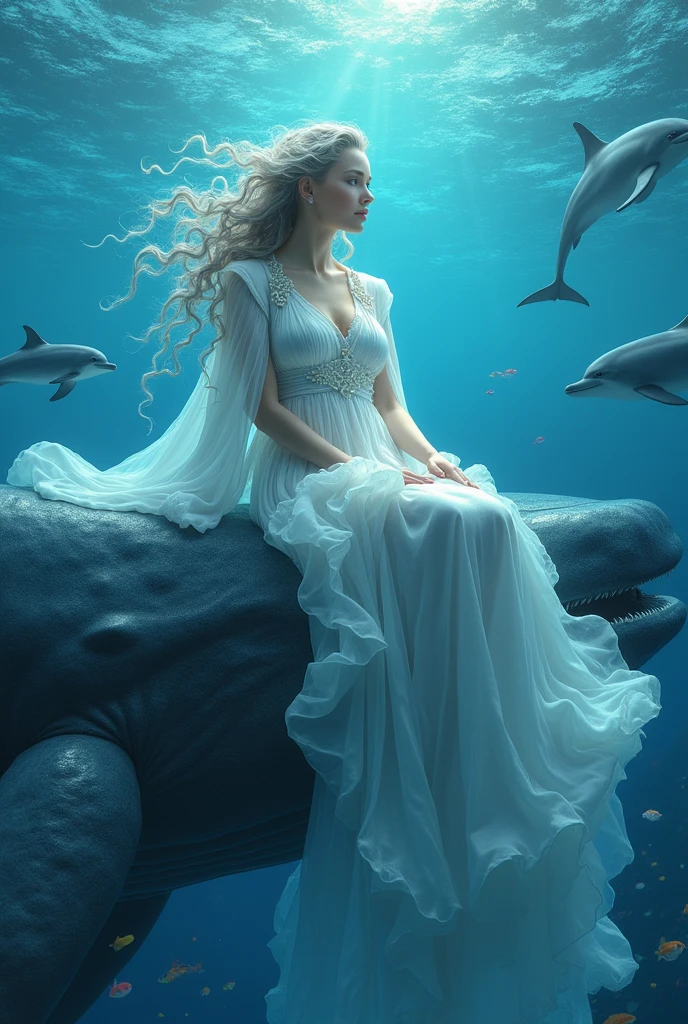 Role: Goddess of the sea

Personality:
She's kind, can talk to the animals under the water and take care of them. She has power.

Appearance:
Beautiful Gentle face
Has curvy beautiful body 
Has long curly ash color hair 
Sky blue color round eyes
Has porcelain color skin
Wearing cloud color dress where we can see her curvy body. 


Additional: the background is a beautiful sea, she's sitting at the back of a whale playing with the water. Make her AI looking.