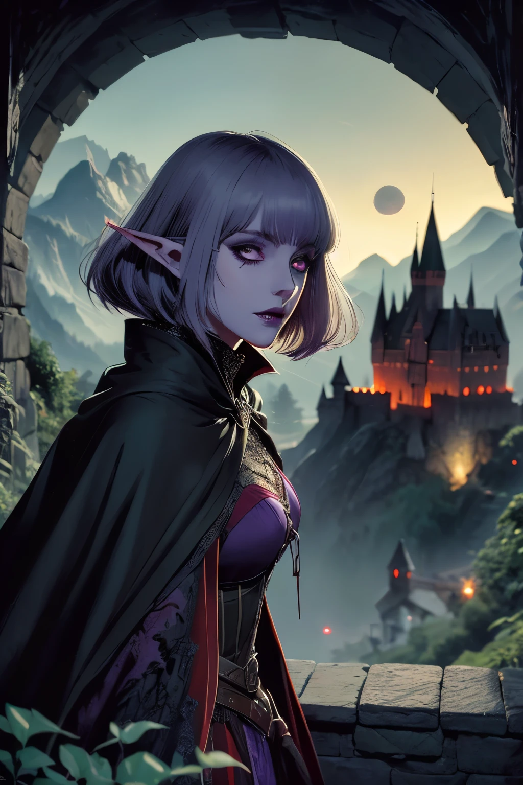 (Ultra-detailed face, looking away, Fantasy Illustration with Gothic, Ukiyo-e, Comic Art, Rich colors), 
BREAK 
(This is a steep, rocky mountain at 5,000 meters above sea level. The visibility is poor due to thick fog. The view of white fog is spreading.), 
BREAK 
(DarkElves: A middle-aged dark elf woman with silver color hair, blunt bangs, bob cut and dark purple color skin, lavender color eyes), 
BREAK 
(A female dark elf vampire hunter wears a crimson veil, a blue ruby cloak, a traditional deep green Victorian tight dress with a large orange ribbon, and brown boots.), 
BREAK 
(The dark elf female vampire hunter is looking directly at Dracula's castle, which stands on a steep rocky hill, and is trying to hide her surroundings in a bright red mist with her large hands and bold pose.)