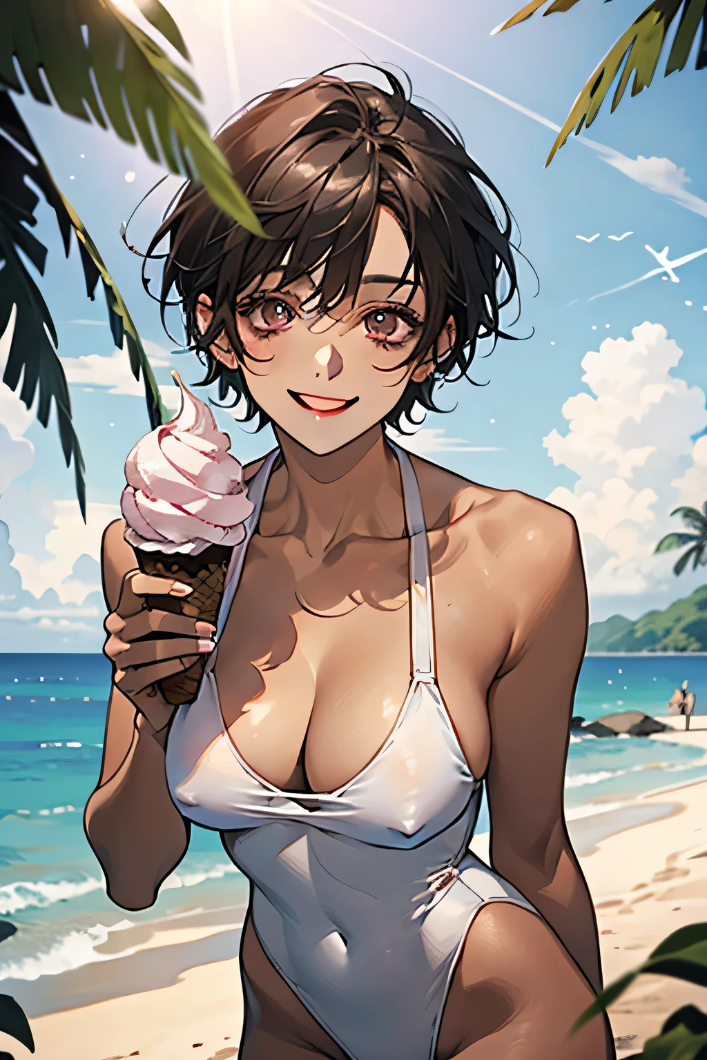 Ocean,Young Woman,Are standing,Small Head,Eating ice cream,Open your mouth,Sticking out tongue,(Provocative smile),short hair,Black Hair,Lilac eyes,Large Breasts,Cleavage,(White swimsuit),(Chocolate brown skin).