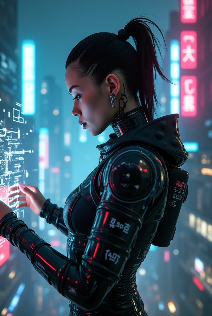 a cyberpunk girl, cyberpunk aesthetic, neon city, holographic interface, futuristic technology, intricate machinery, glowing panels, chrome accents, high-contrast lighting, moody color palette, dramatic shadows, detailed facial features, piercing eyes, strong jawline, sleek hairstyle, android implants, robotic limbs, advanced prosthetics, glossy skin, luminous aura, (best quality,4k,8k,highres,masterpiece:1.2),ultra-detailed,(realistic,photorealistic,photo-realistic:1.37)