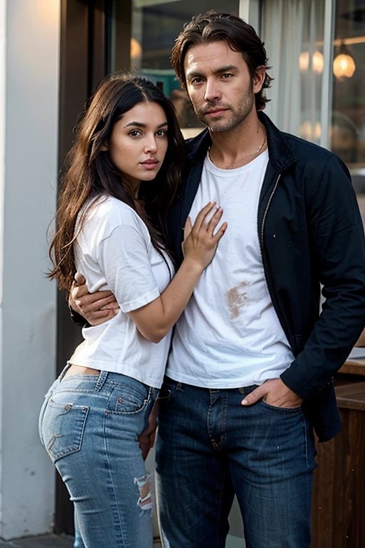 38 year-old Male, white male, tanned skin, handsome, black hair,  and stubble beard, deep blue eyes,  muscular body and thin, wearing a jacket and t-shirt and jeans, straight nose, oval face, canadian, his hair is below his ears, tousled messy hair badass, holding hands with girlfriend, the woman is shorter, she has curly hair and wears a dress