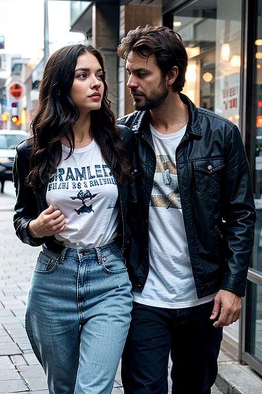 38 year-old Male, white male, tanned skin, handsome, black hair, and stubble beard, deep blue eyes, muscular body and thin, wearing a jacket and t-shirt and jeans, straight nose, oval face, canadian, his hair is below his ears, tousled messy hair badass, holding hands with girlfriend, the woman is shorter, she has curly hair and wears a dress
