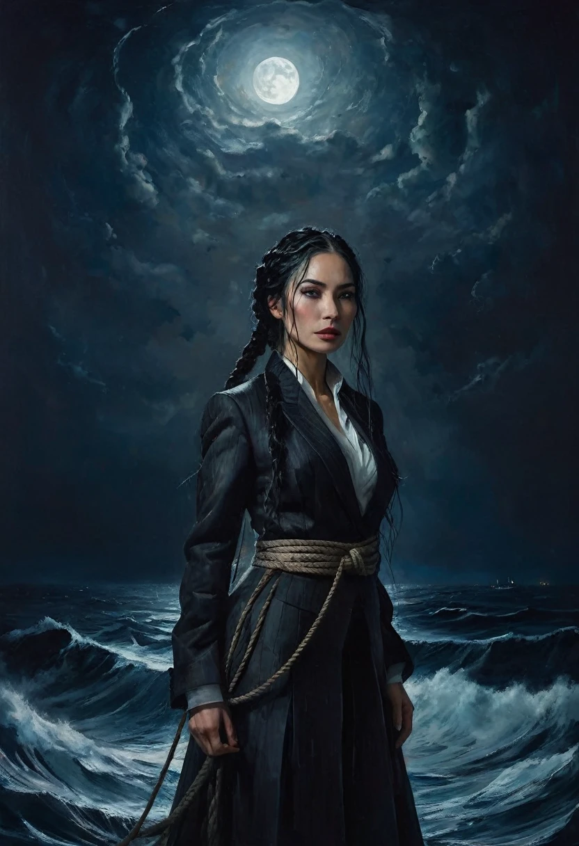 painting of a woman with long black braid, dressed in closed suit, sits on ship's karma, holds on rope, storm, moonlit night, crescent moon, waves, dark atmosphere, cinematic scene, volumetric lights, ultra realistic, in the style of nicola samori