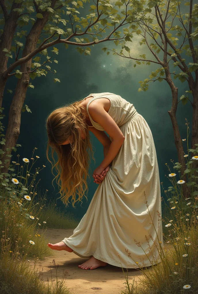 The girl bends down