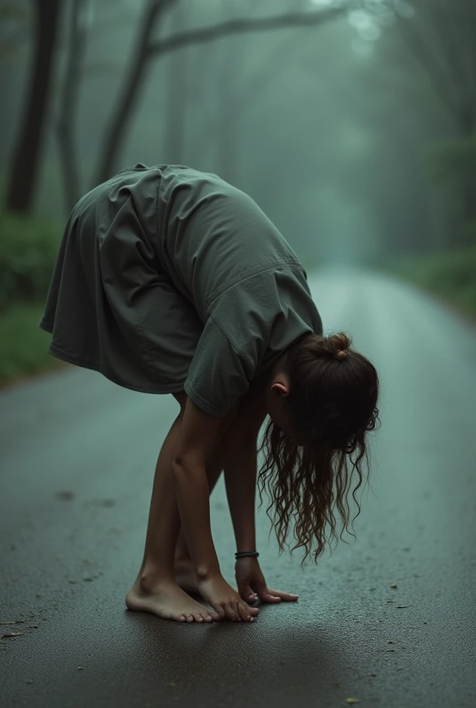 The girl bends down